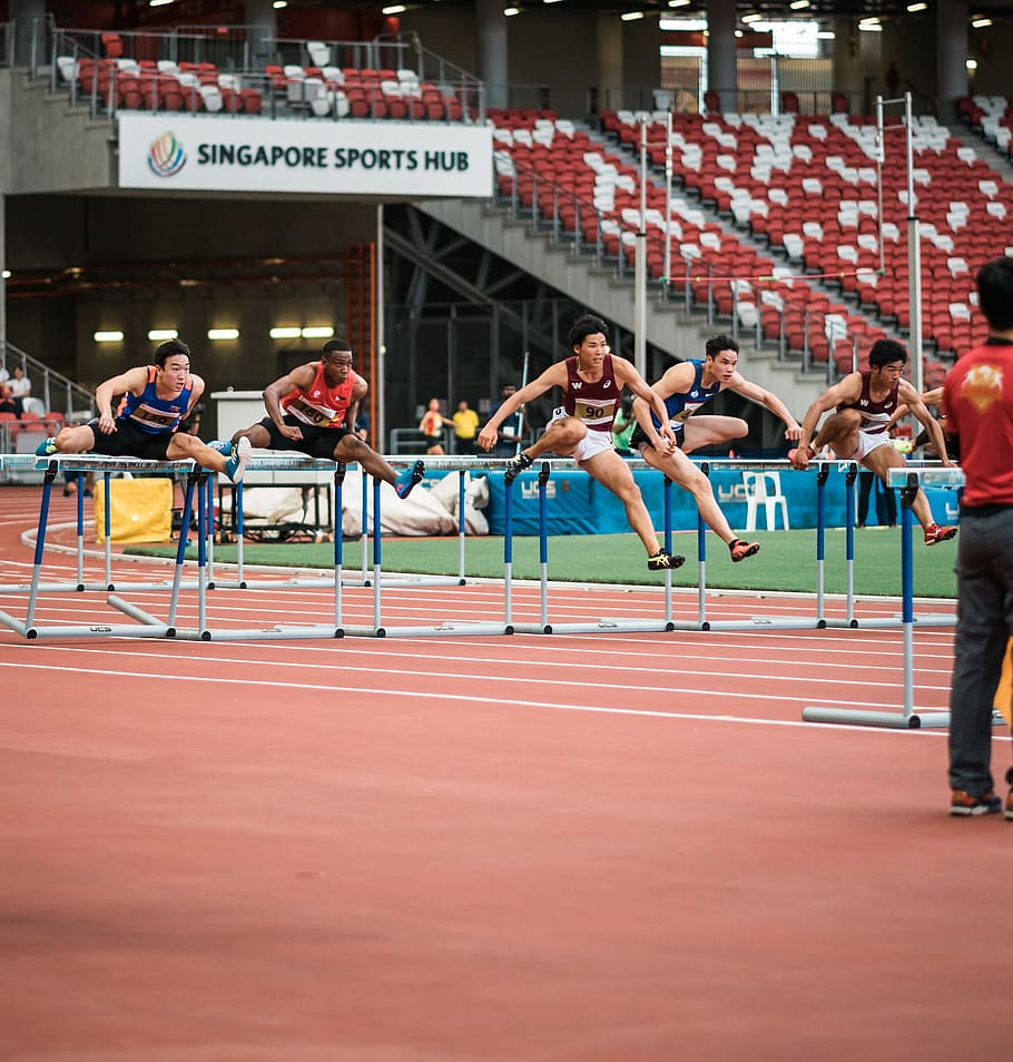 group of huddlers racing on track field, race, hurdle, fast, jump HD wallpaper