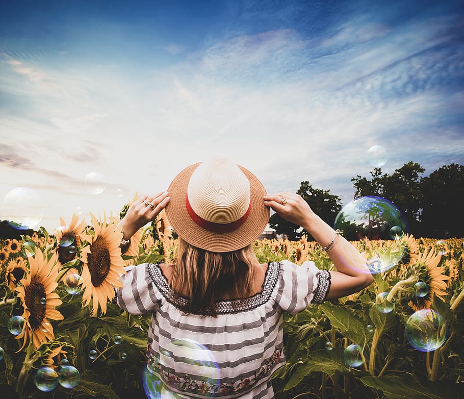 Standing Woman Surrounded of Sunflowers, beautiful, celebration HD wallpaper