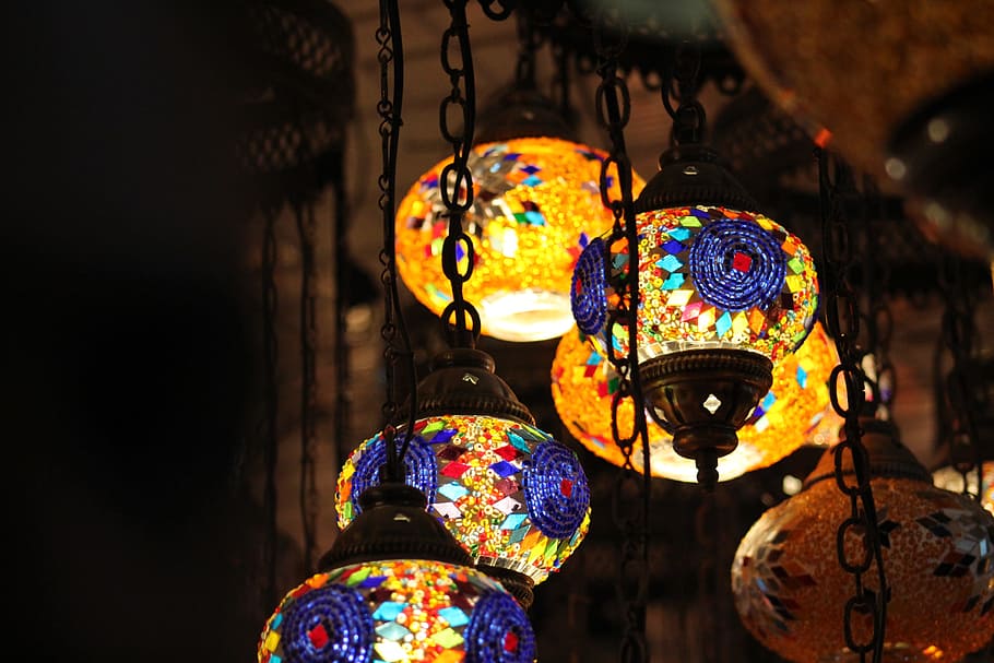 Brown Pendant Lamp Turn on, bright, chains, colorful, colors HD wallpaper