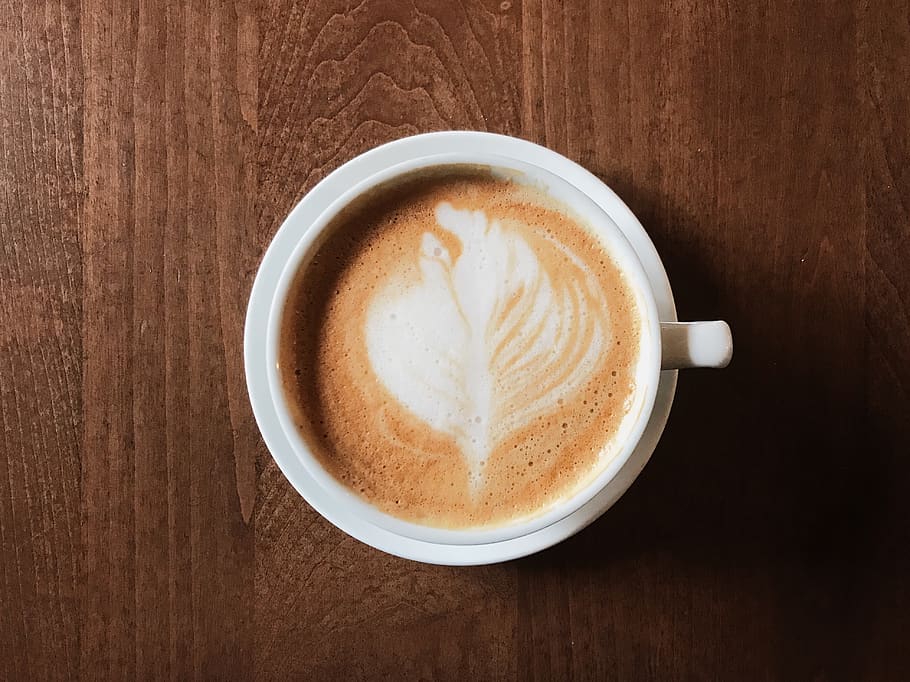 coffee, latte, espresso, mug, saucer, full, foam, drip, symmetry, HD wallpaper