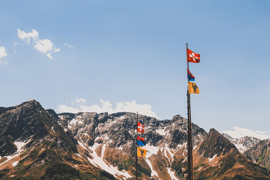 Photography Of Mountain Summit With Flags, adventure, alps, climb HD wallpaper