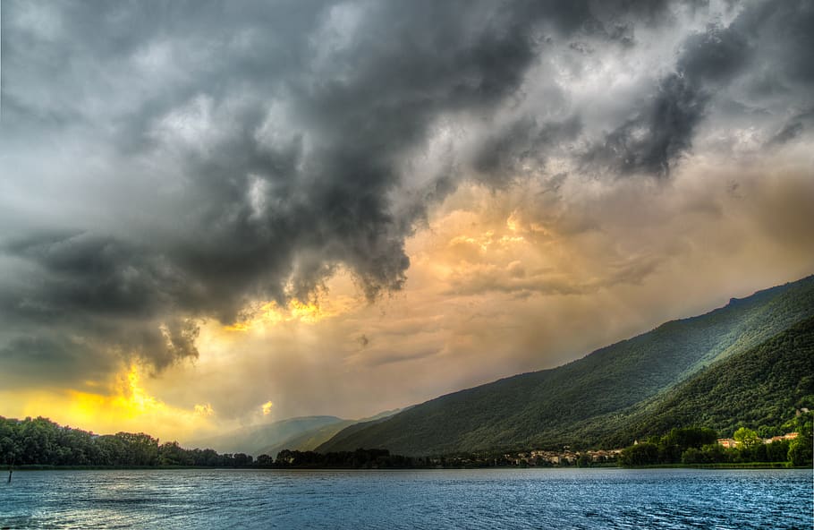 rough, sunset, lake, clouds, water, mountains, hdr, nature HD wallpaper