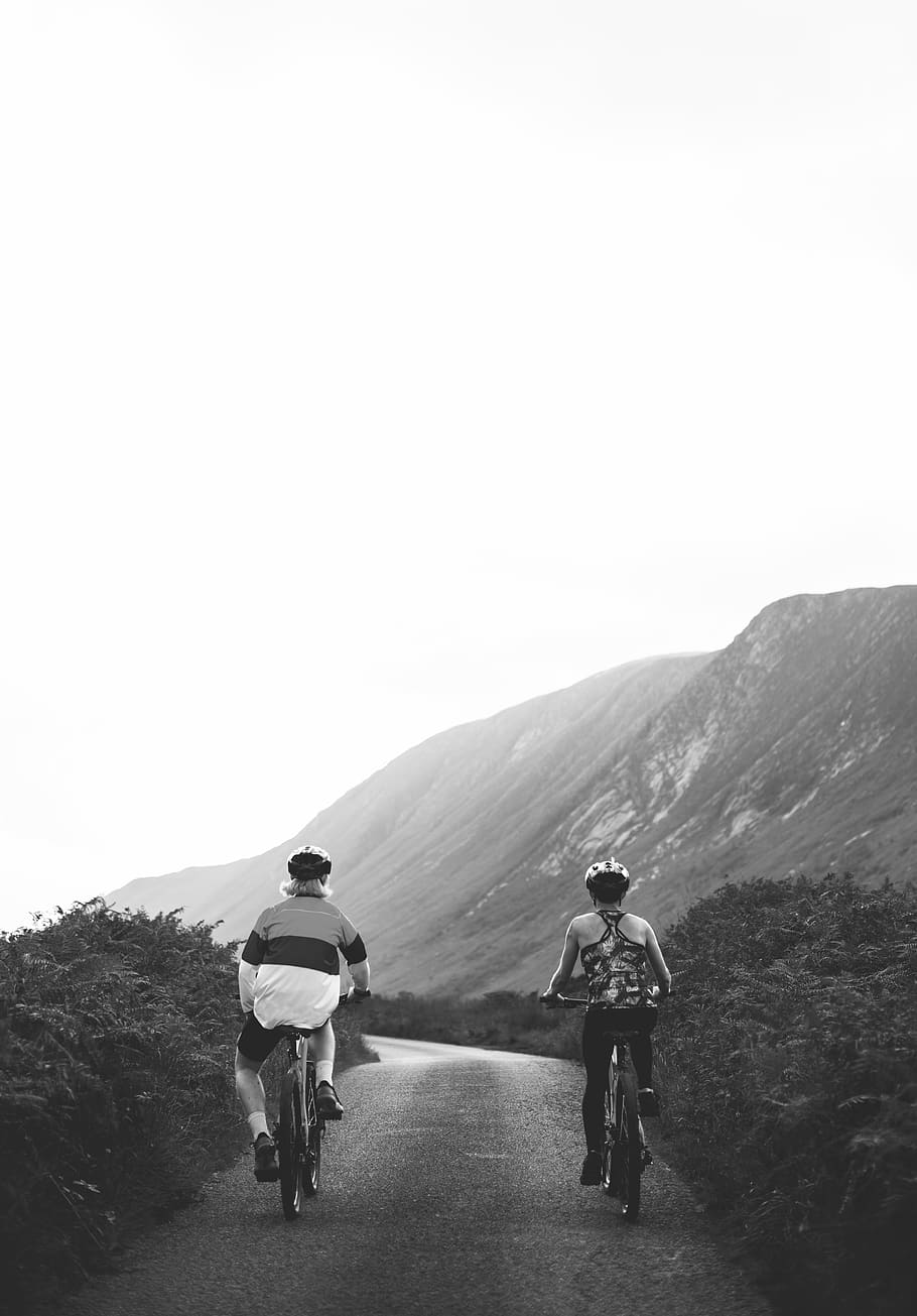 Monochrome Photo of People Riding Bicycle, active, activity, adventure HD wallpaper