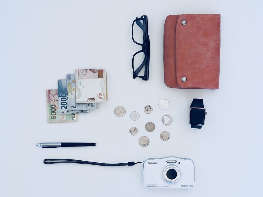 camera, pen, eyeglasses, watch, coin, and banknote, business, HD wallpaper