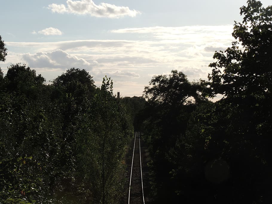 berlin, germany, rails, clouds, tree, tempelhof, plant, rail transportation HD wallpaper