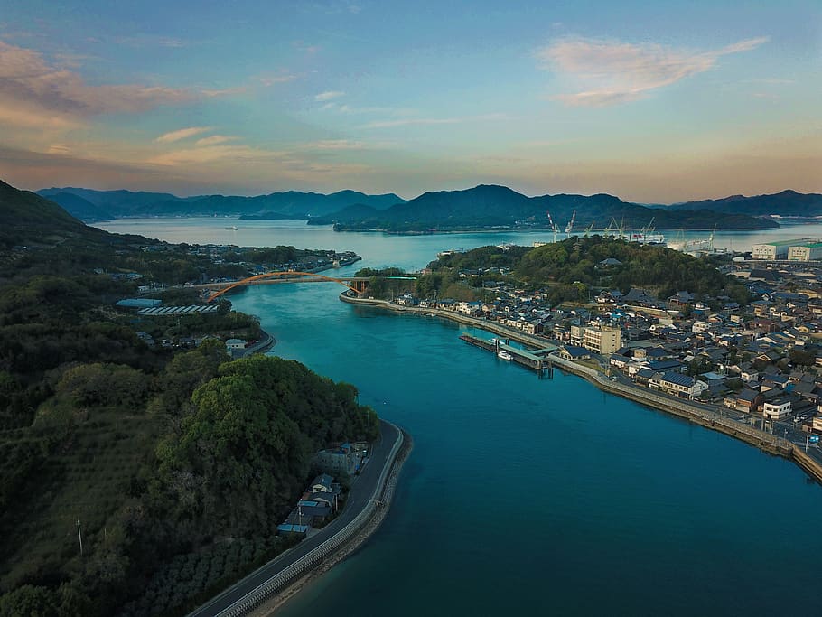 japan, onomichi-shi, town, waterfront, port city, harbor, aerial, HD wallpaper