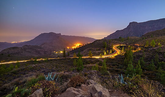 highway near mountain, road, light, traffic, movement, long exposure HD wallpaper