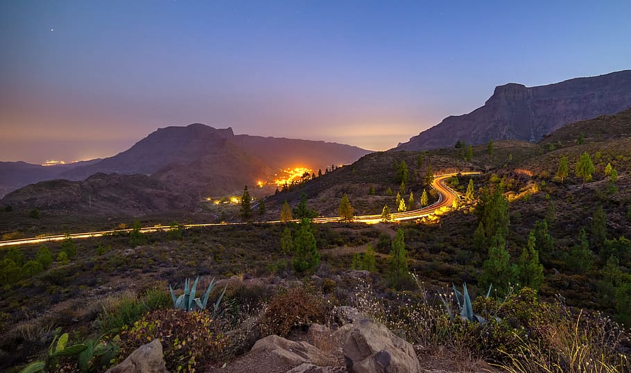 highway near mountain, road, light, traffic, movement, long exposure HD wallpaper