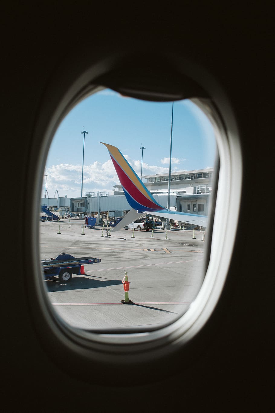 airliner window showing airport during daytime, porthole, transportation, HD wallpaper