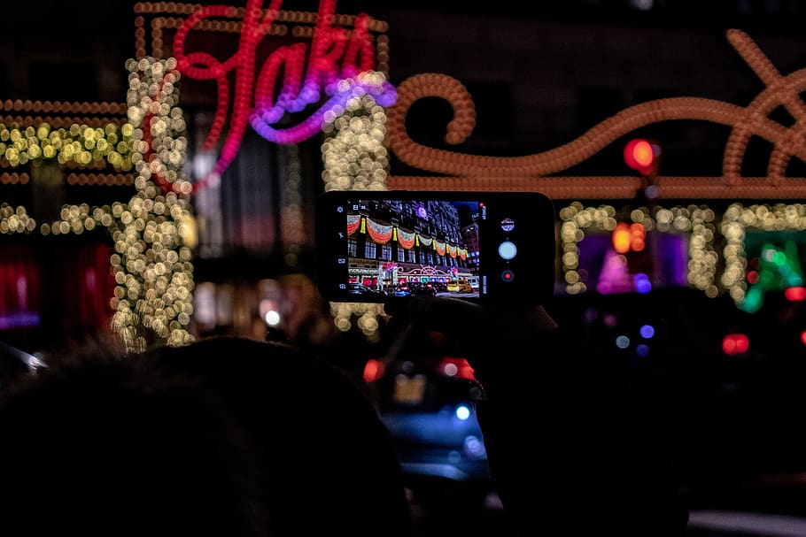 smartphone viewing assorted-color lights, christmas, christmas light