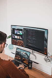 man using laptop and computer monitor, screen, workspace, table HD wallpaper