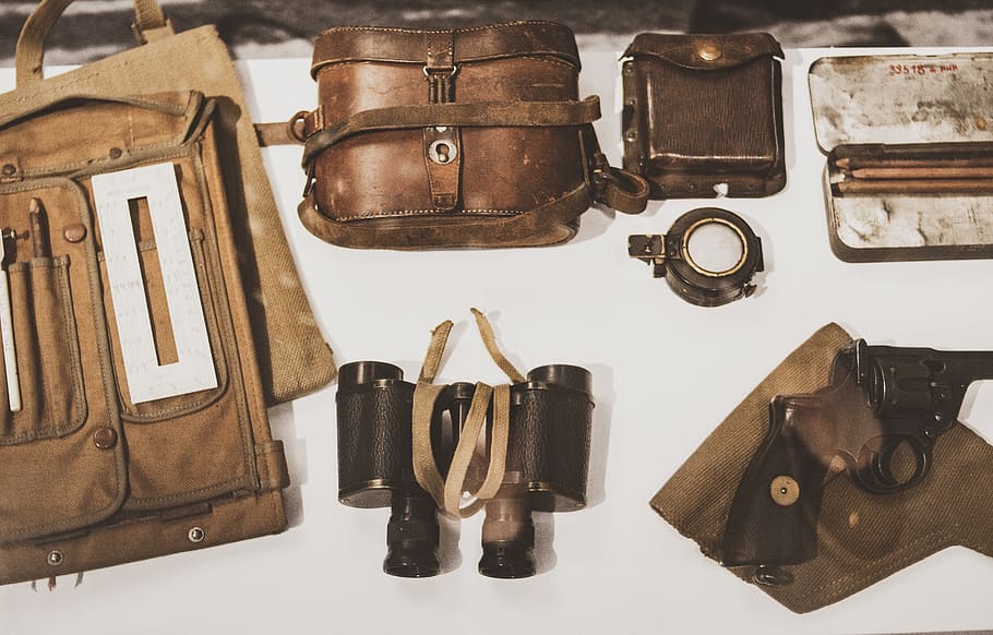 Brown Binoculars, Camera and Bag Kit, accessory, antique, business HD wallpaper