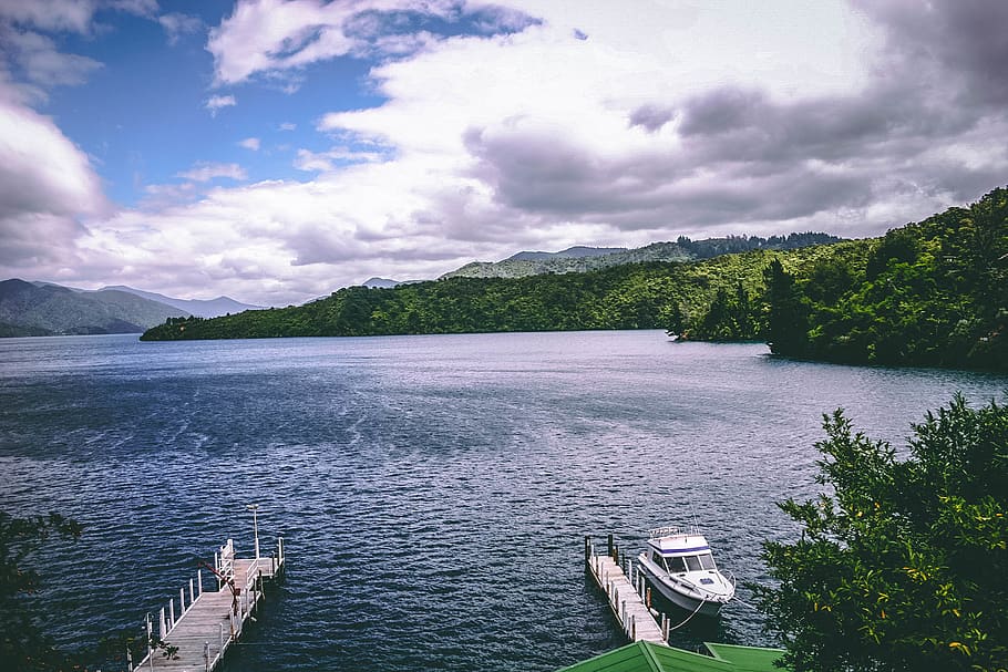 White Yacht Floating Near Dock, boardwalk, boat, clouds, daylight HD wallpaper