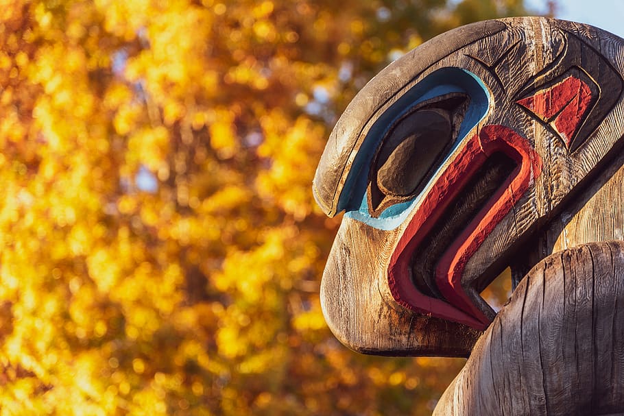 totem, fall, leaves, sunset, eagle, wooden, symbol, american