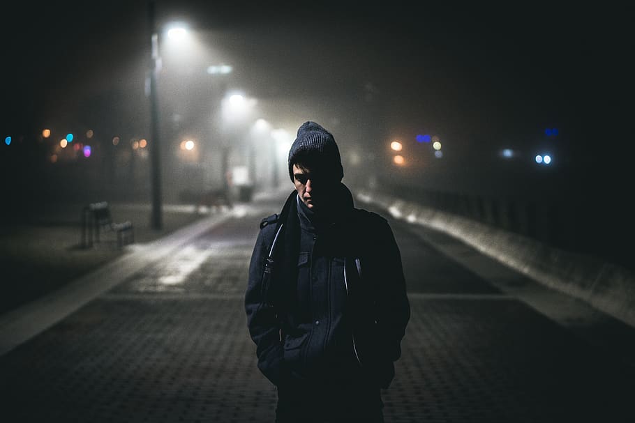 people, man, guy, cold, night, dark, street, light, post, bench HD wallpaper