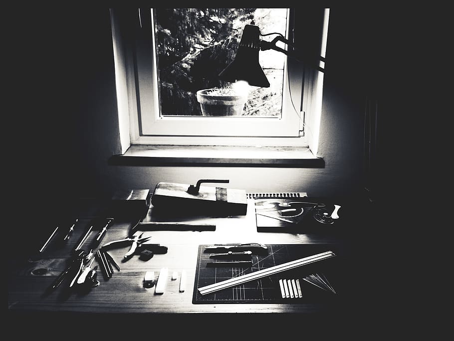 desk, tools, black and white, drafting, window, lamp, bandw, HD wallpaper