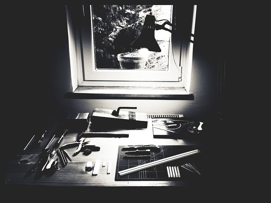 desk, tools, black and white, drafting, window, lamp, bandw HD wallpaper