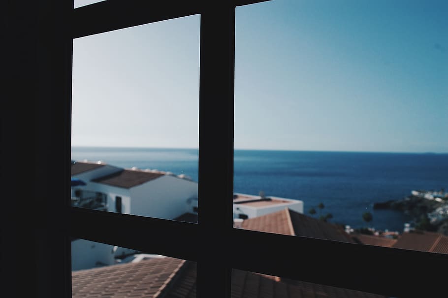 sea, ocean, window, sky, water, horizon over water, clear sky HD wallpaper