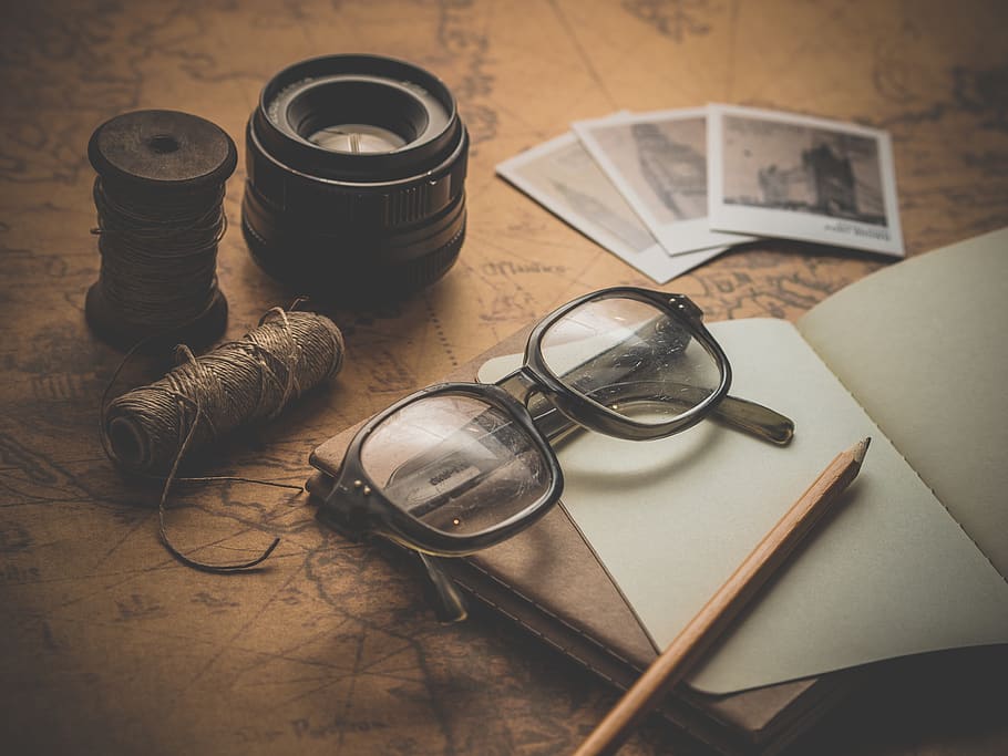 Black Plastic Framed Eyeglasses, desk, map, notebook, notepad HD wallpaper