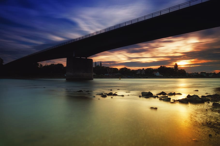sun, sunset, water, river, waters, rhine, bridge, rheinbrücke HD wallpaper