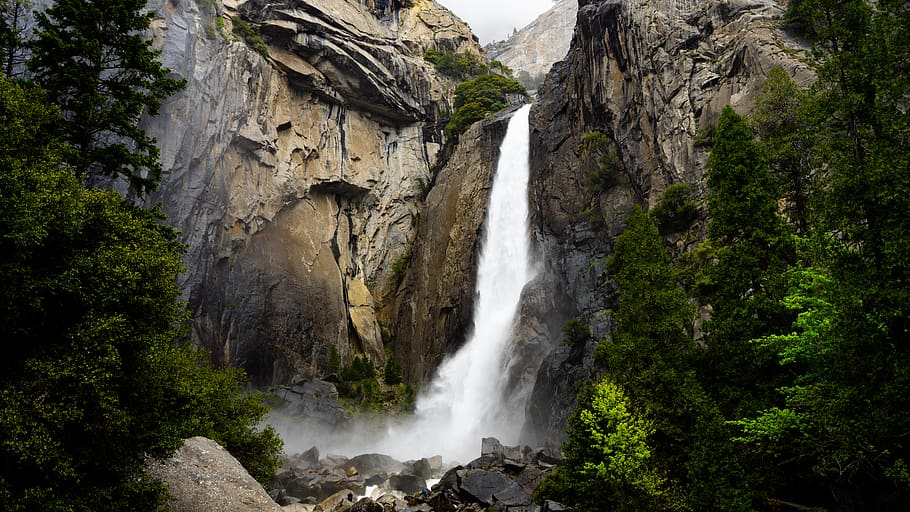 rocky waterfalls, scenics - nature, tree, beauty in nature, long exposure HD wallpaper