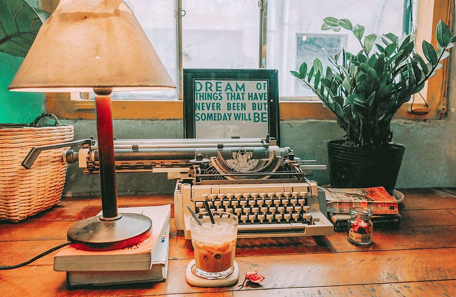Typewriter Beside Table Lamp , beverage, drink, retro, vintage HD wallpaper