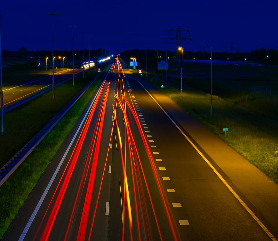 street, highway, lighttrails, illuminated, night, transportation, HD wallpaper