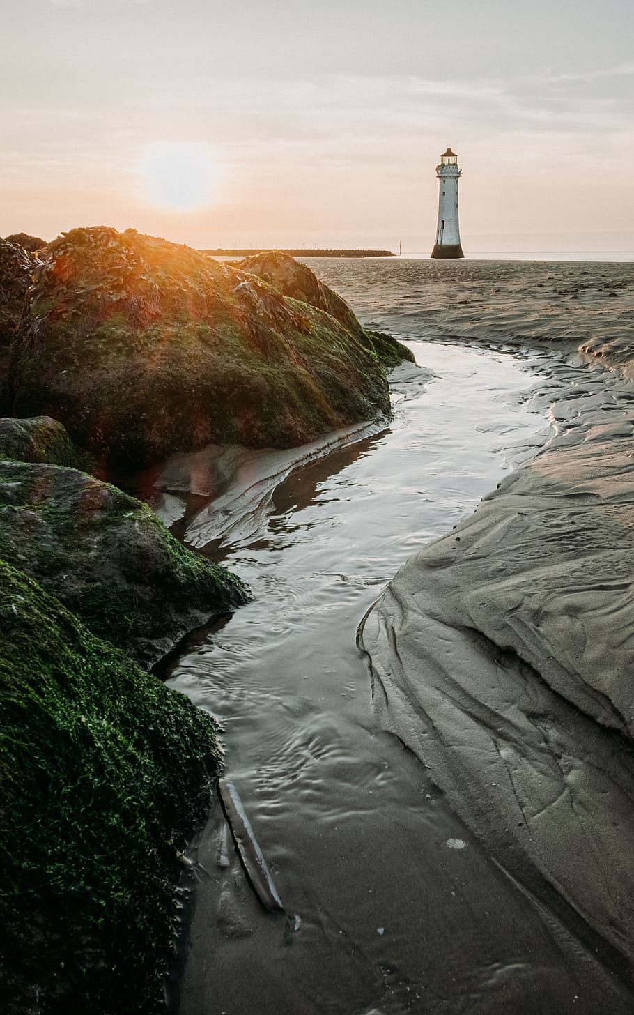 landscape photo of white lighthouse, coast, sea, sundown, sunlight HD wallpaper
