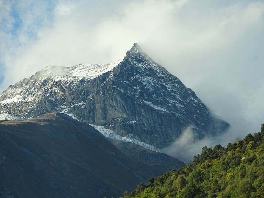 mountain, rock, alpine, valais, clouds, weather, fog, landscape HD wallpaper
