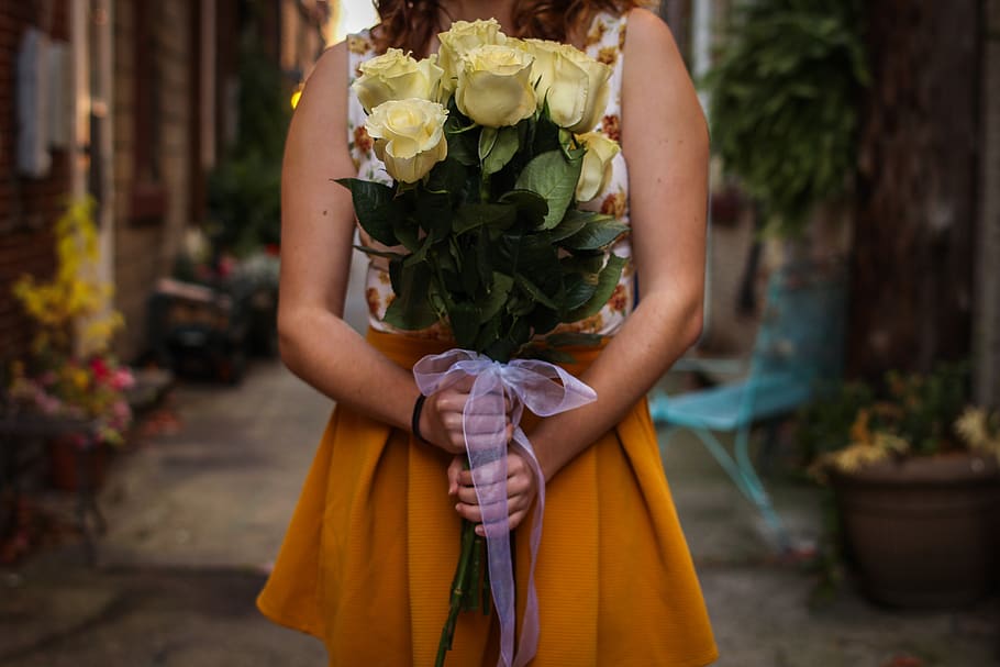 woman holding boquet of flowers, jar, vase, pottery, potted plant, HD wallpaper