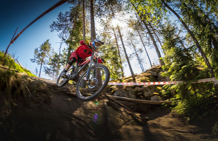 man using bicycle on trail, tree, plant, transportation, helmet HD wallpaper