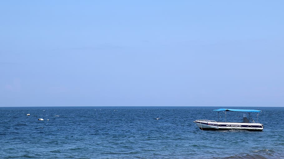 sea, boat, background, ocean, calm, blue, sky, landscape, mood HD wallpaper