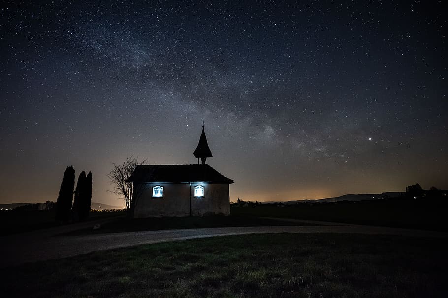 white wooden house, nature, outdoors, night, universe, space HD wallpaper
