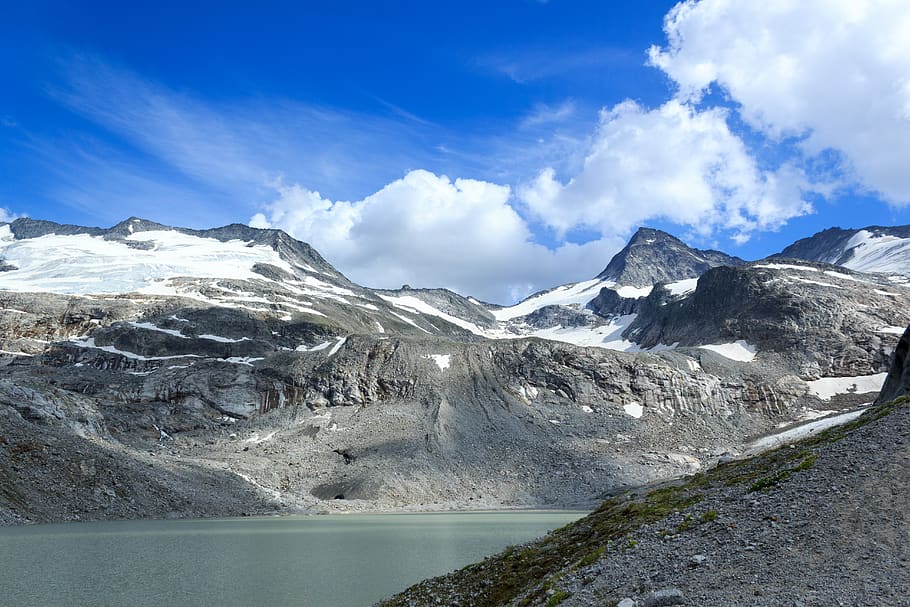venediger group, austria, alps, mountians, lake, snow, glacier HD wallpaper
