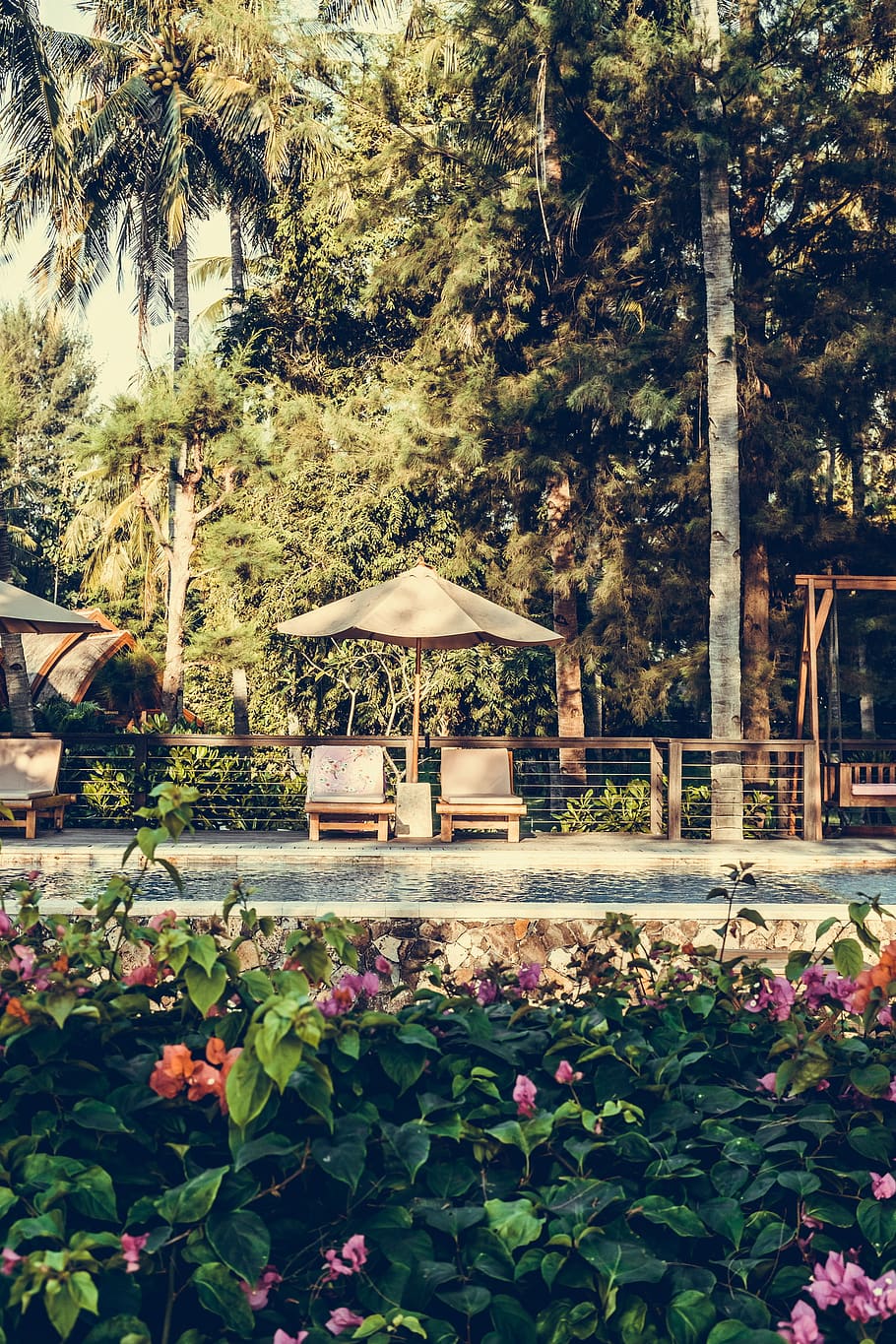 two brown wooden chairs near umbrella surrounded by trees, gazebo, HD wallpaper