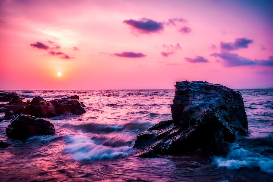 Body of Water Beside Rock Formation, beach, clouds, dawn, landscape HD wallpaper