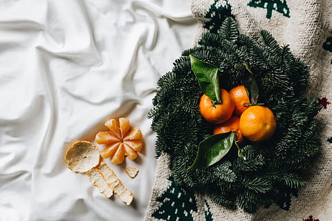 Still life of mandarin oranges with leaves, fruit, sweet, above HD wallpaper