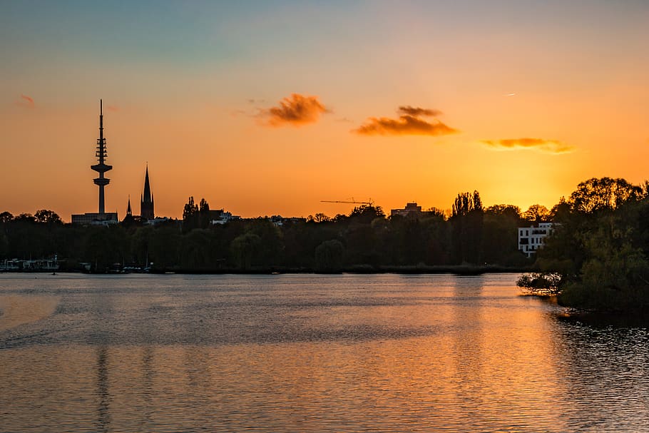 alster, evening, sunset, landscape, mood, travel, atmospheric HD wallpaper