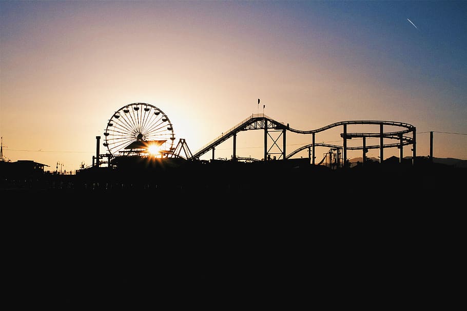 beach, carnival, sunset, pier, santa monica, amusement park ride HD wallpaper