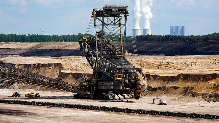 black and gray tractor, industry, mining, sky, fuel and power generation HD wallpaper