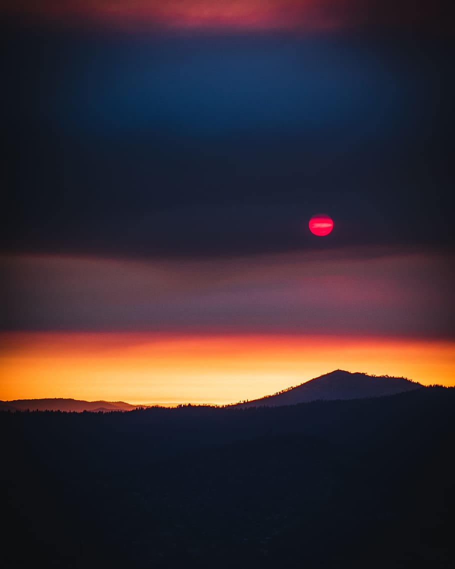 silhouette view of mountain under red moon, beauty in nature HD wallpaper