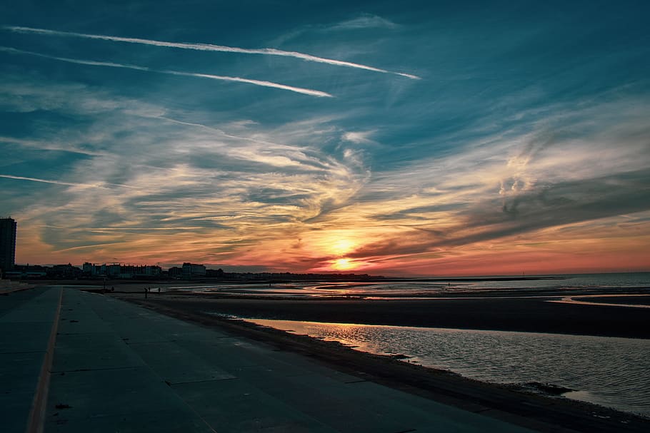 sunset, beach, lighthouse, sea, sky, twilight, water, evening, HD wallpaper