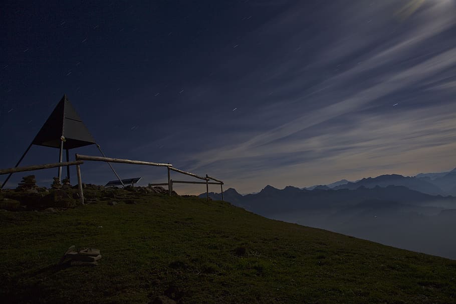 night, mountains, moonlight, nature, mood, long exposure, sky, HD wallpaper