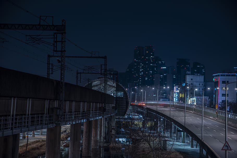 gray concrete bridge at night, road, way, urban, highway, street, HD wallpaper