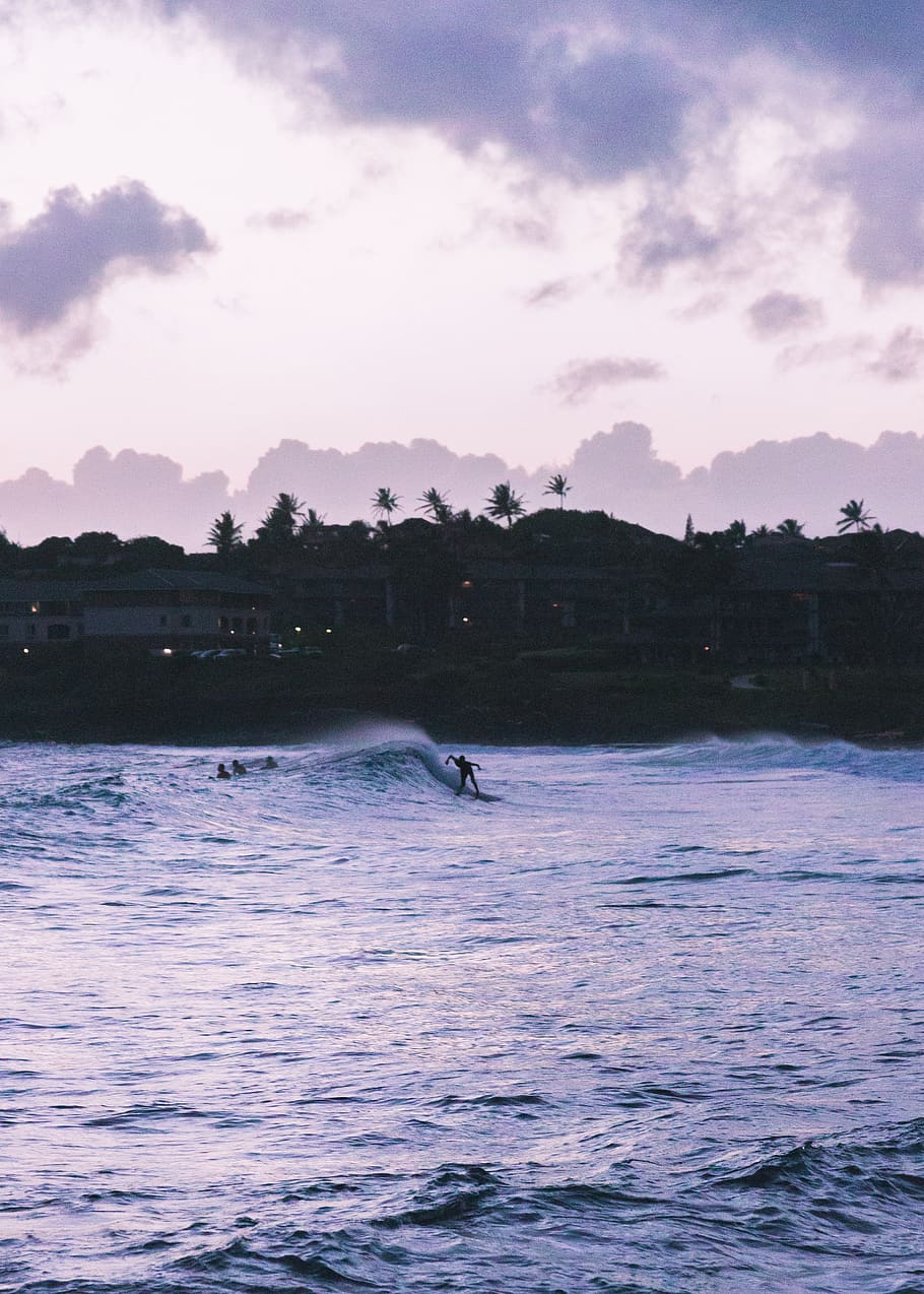 surf, surfing, wave, waves, hawaii, kauai, sunset, palm trees HD wallpaper