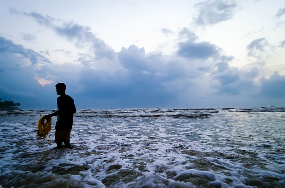 india, murdeshwar, beach, sea, fish, fisherman, water, cloud - sky HD wallpaper