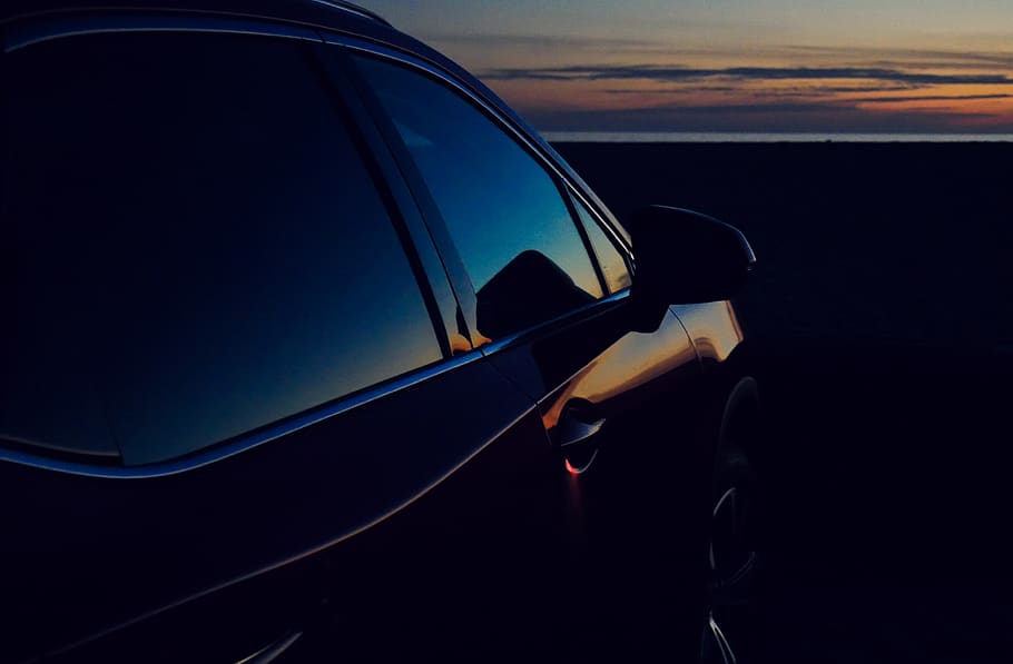 car, sunset, luxury, beach, luxury cars, sleek car, reflection HD wallpaper