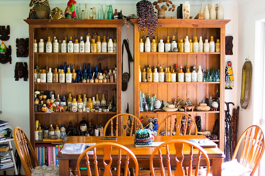 collection, bottles, woodwork, food and drink, large group of objects HD wallpaper