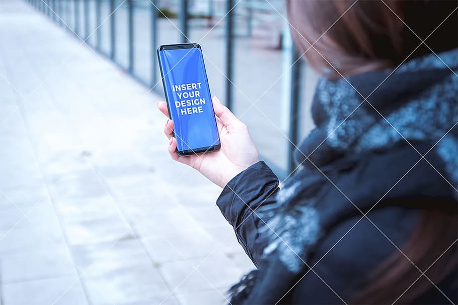 Girl using her modern smartphone. PSD Mockup, technology, connection HD wallpaper