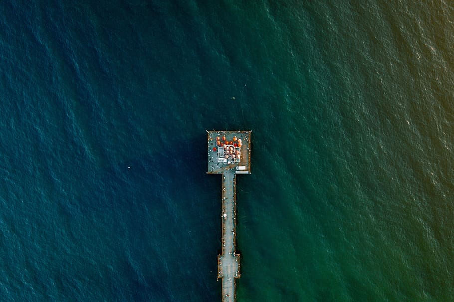 aerial photo of dock above body of water, pier, ocean, sea, blue HD wallpaper